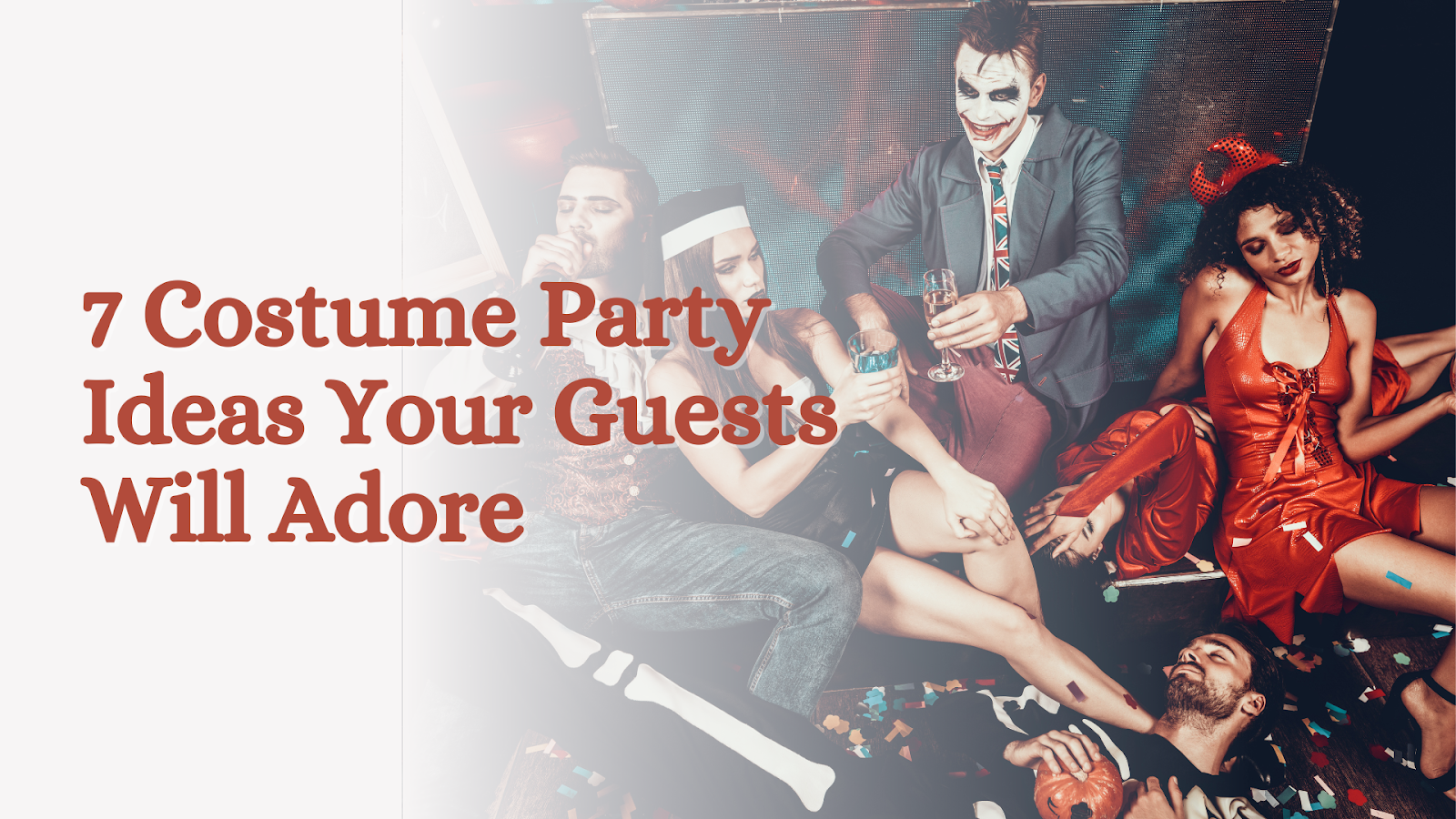 Heading Article "7 Costume Party Ideas Your Guests Will Adore" with halloween party as the background.