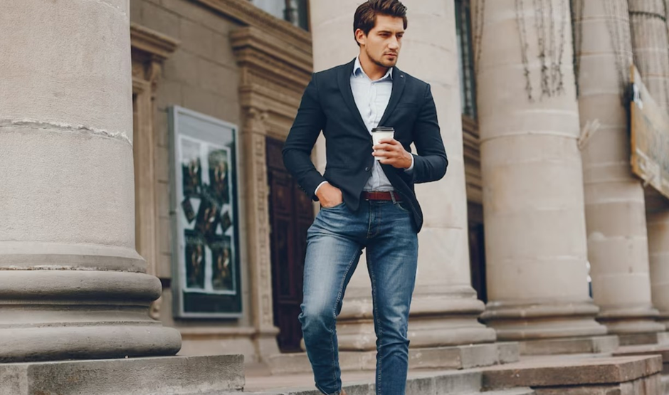  A man wearing jeans and a blazer.